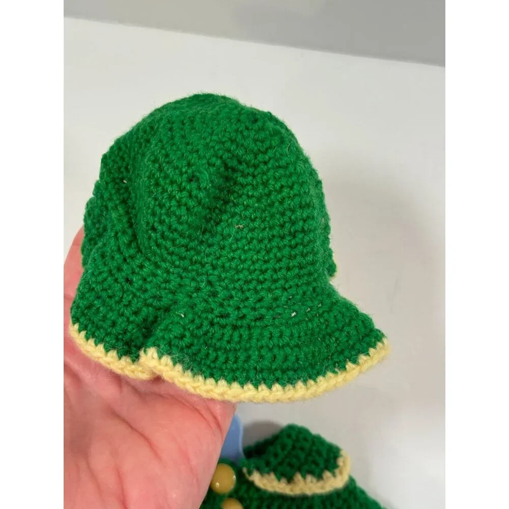Vintage Mary Hoyer Doll Crocheted Winter Outfit Green White Trim Purse Hat